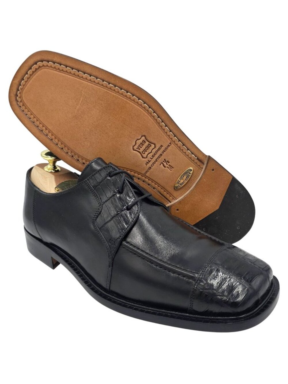 NEW Vintage Belvedere Black Exotic Crocodile Italy Dress Shoes 7.5M Square Toe